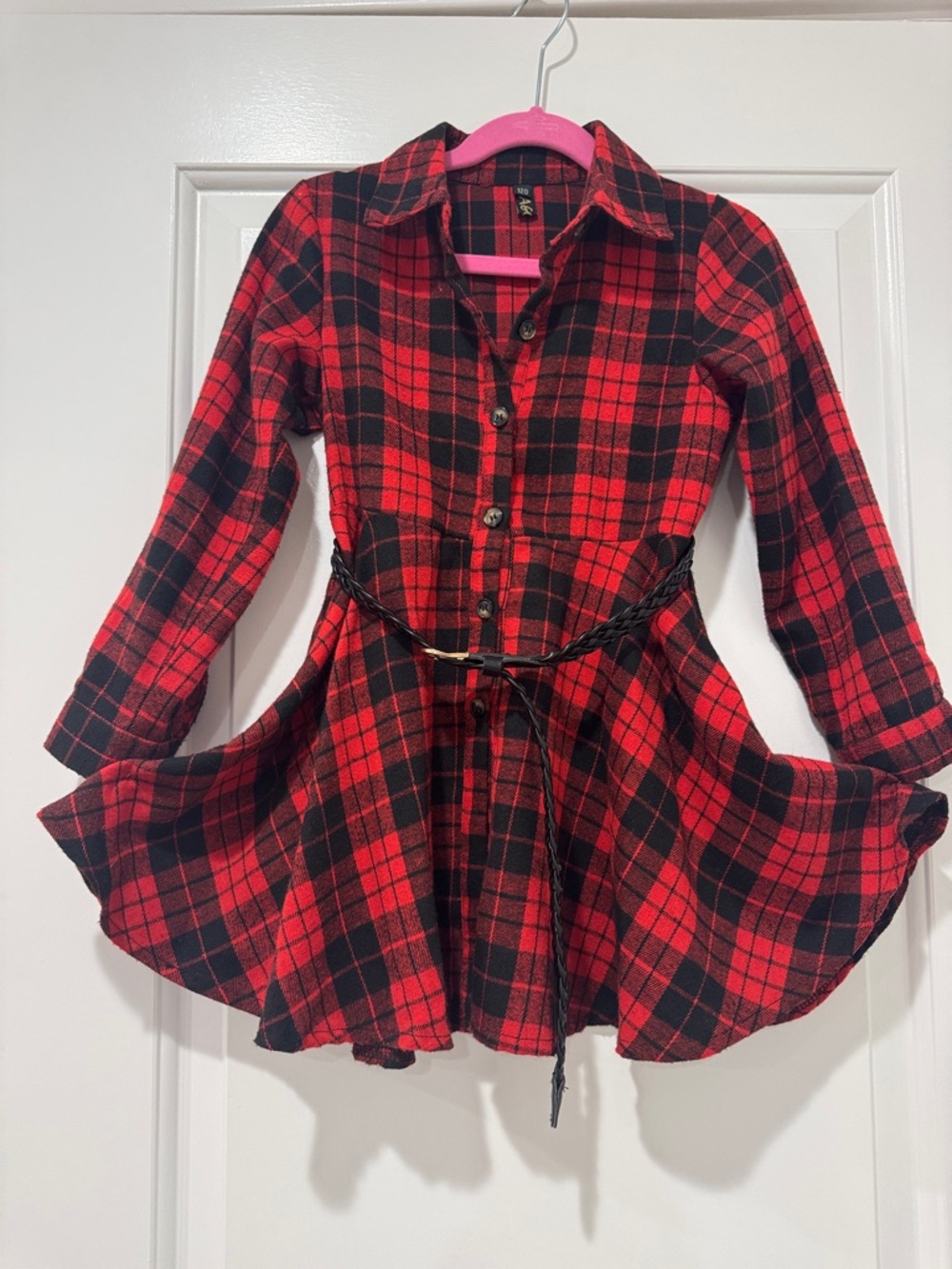 Red & Black Plaid Kids Shirt Dress with Belt